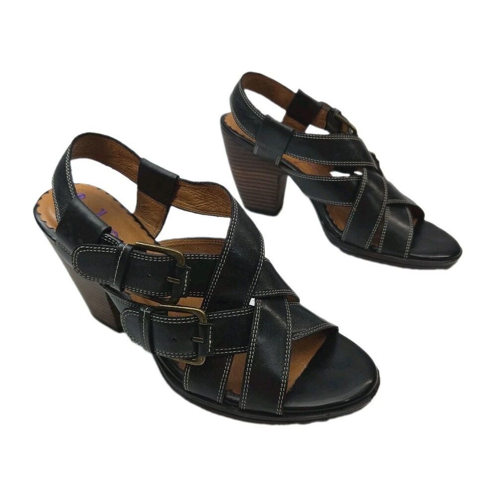Clark's Indigo Sandal Shoe Black Leather Women Sz 7.5 Buckle 3.5" Wooden Heel